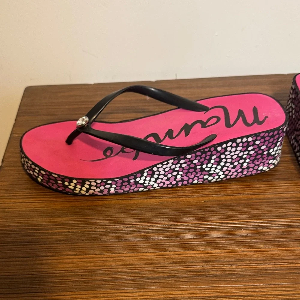 Mambo Pink Platform Flip Flop Sandals with Rhinestone Accent - Picture 5 of 10